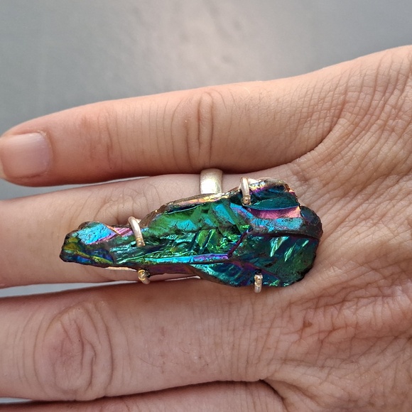 New Rainbow Titanium Crystal Quartz 925 Silver Statement Ring. - Picture 10 of 16